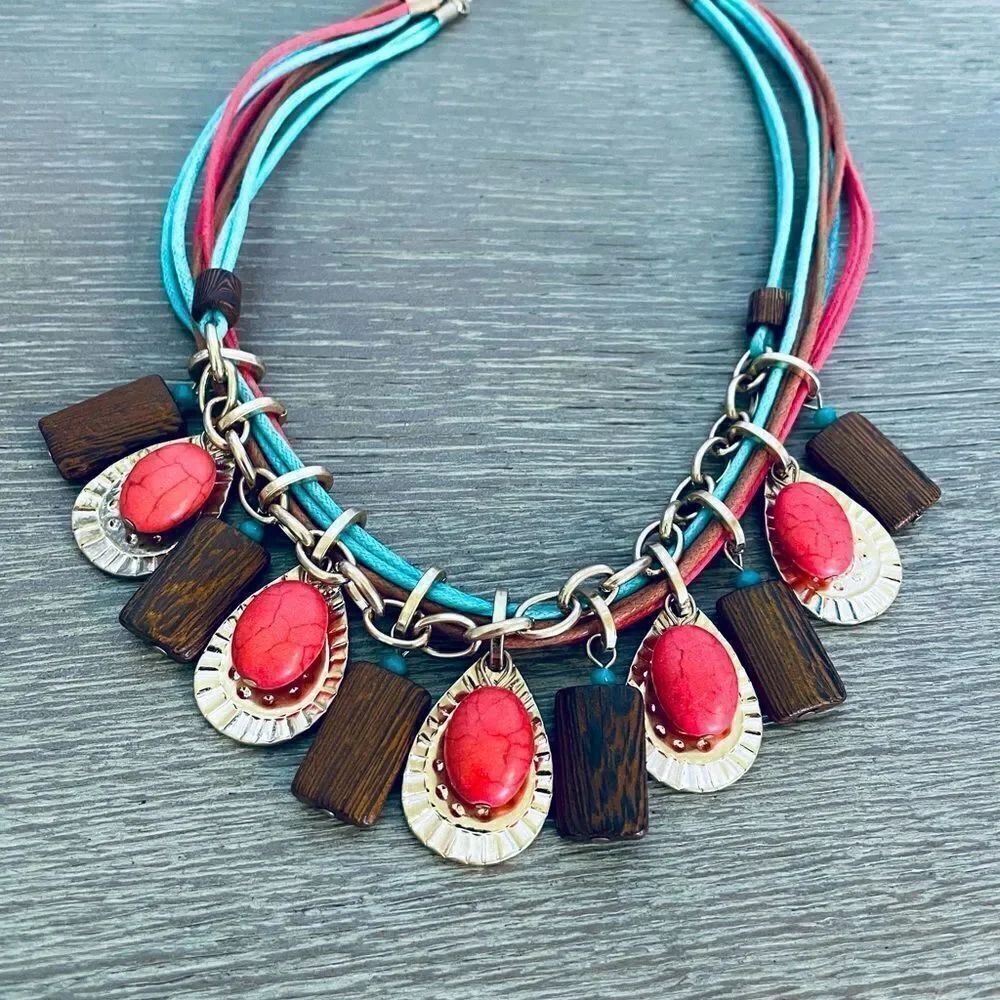 Coral Turquoise Wood Gold Statement Necklace